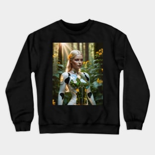 Blond girl robot in forest Crewneck Sweatshirt